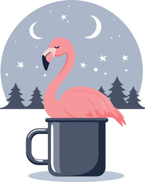 Pink Flamingo In Cup At Night Moon Stars Forest Background Pixel Art Style
