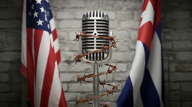 Vintage microphone wrapped in barbed wire between the USA flag and the Cuban flag. Symbolic representation of restricted communication, geopolitical censorship and diplomatic tension.