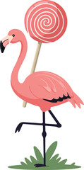 Obraz premium Pink Flamingo With Swirl Lollipop Candy On Green Grass Isolated Object