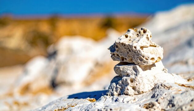 Close-up of naturally stacked white chalky calcium carbonate rocks, weathered and porous, forming a unique structure under a clear blue sky, basking in bright sunlight.
