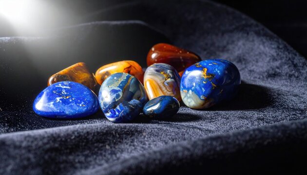 Collection of Smooth Polished Lapis Lazuli and Amber Gemstones Artfully Arranged on Dark Textured Surface