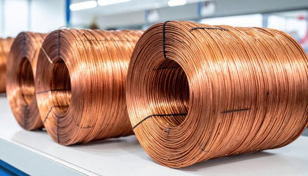 Two large, brightly coiled bare copper wire bundles displaying an intricate metallic sheen, reflecting light in an industrial setting.