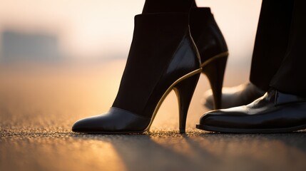 Naklejka premium Stylish high-heeled ankle boots and polished dress shoes positioned on a street during sunset, showcasing elegant footwear design