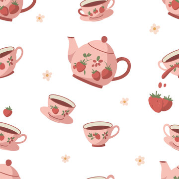 Pink Strawberry Tea Set Pattern with Flowers Pixel Art
