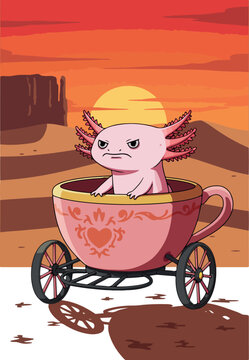 Pixel Art Axolotl in Teacup Carriage Desert Sunset Low Poly Style