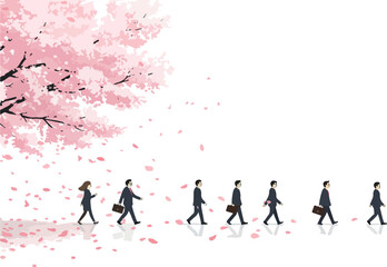 Obraz premium Pixel Art Business People Walk Under Cherry Blossoms Pink Petals Falling