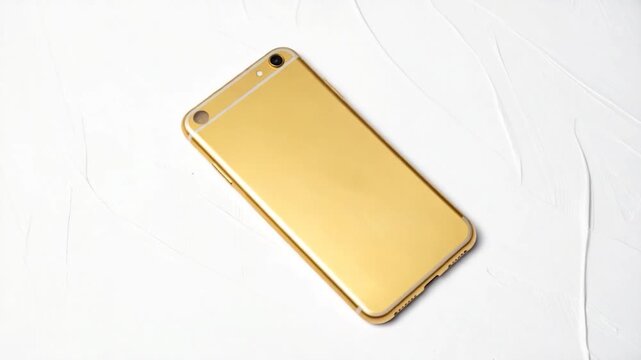 Gold smartphone laying on a white textured surface