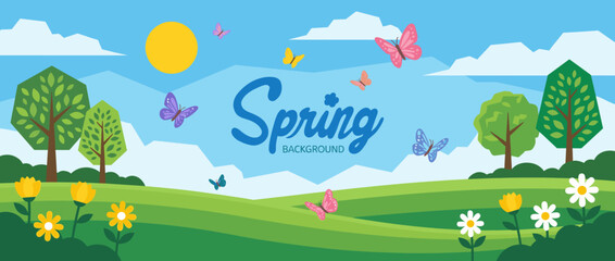 Obraz premium Beautiful spring landscape banner illustration with blooming flowers colorful butterflies flying over green hills under a sunny blue sky for seasonal marketing and promotional decorations