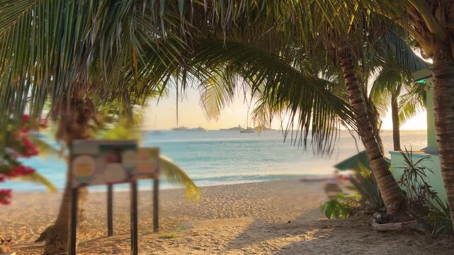 A view of the sea from the sandy beach with palm trees in time a picturesque sunset on the Island Saint Martin, the Caribbean.
