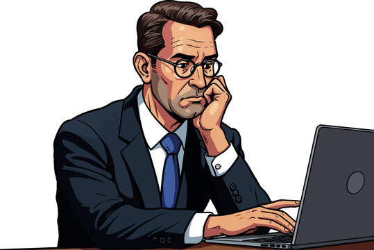 Pixel Art Businessman Typing On Laptop Wearing Dark Suit Blue Tie And Glasses