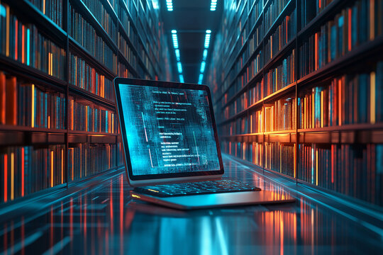 Concept of an e library with virtual icons computer