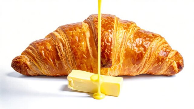 Golden croissant alongside a pat of butter on a white background