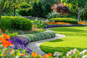 Obraz premium Landscape gardening design with green manicured lawn, green backyard with colorful blooming flower beds.
