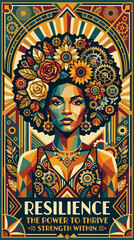 Fototapeta premium Art deco poster with woman portrait flowers gears and Resilience text