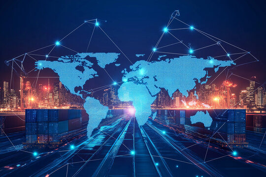 Intricate global value chains connecting manufacturers, suppliers, and distributors across borders - conceptual illustration of international trade and supply chains