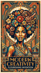 Fototapeta premium Geometric poster illustration of woman with afro flowers and gears