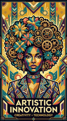 Fototapeta premium Art deco poster woman with floral and gear afro and Artistic Innovation text
