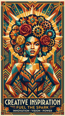 Fototapeta premium Geometric art deco poster of woman with floral and gear afro and sunburst