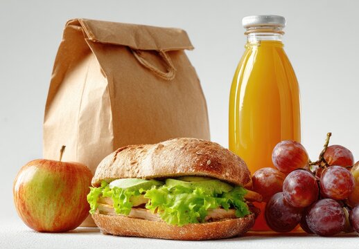 Healthy Packed Lunch with Sandwich, Fruit, and Juice for School or Work.
