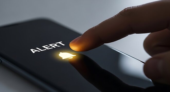 Close up of a finger touching a smartphone screen displaying an alert notification.