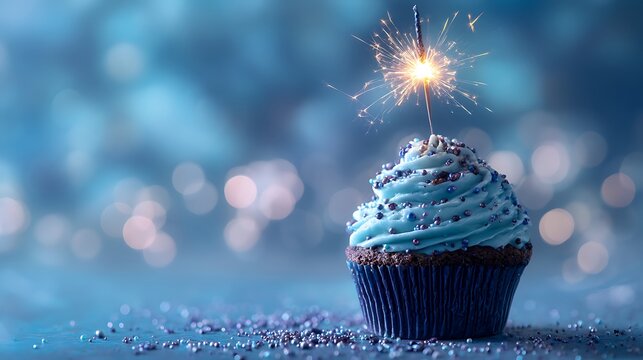 A chocolate cupcake with blue frosting and a sparkler on top for celebration
