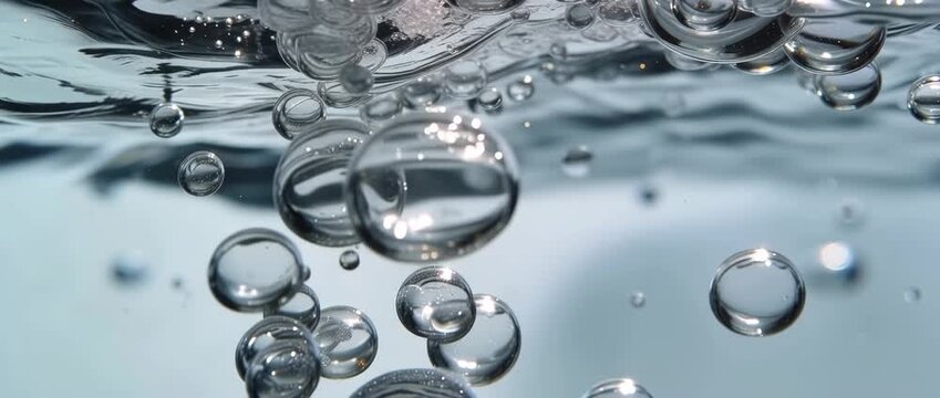 Extreme close-up macro footage of pure air bubbles floating underwater. Clear liquid abstract background, hydration and freshness concept