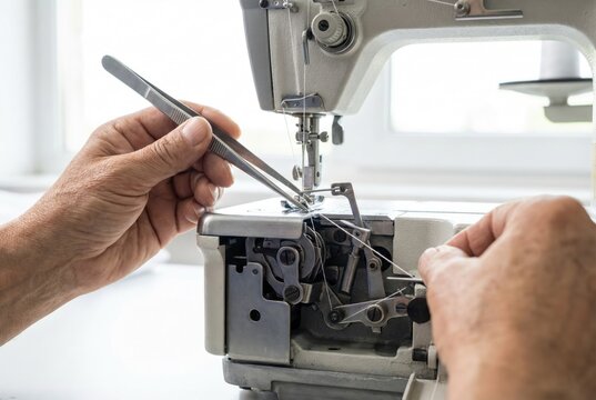 Tailor hands using metal tweezers to thread lower looper of industrial overlock sewing machine