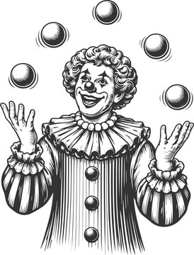 Clown juggling balls vintage engraving circus illustration