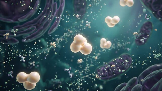 A cinematic molecular environment where LEPTIN HORMONE particles drift through a soft cellular landscape