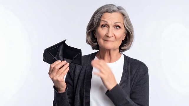 Elderly businesswoman reacting in shock to financial loss with empty wallet