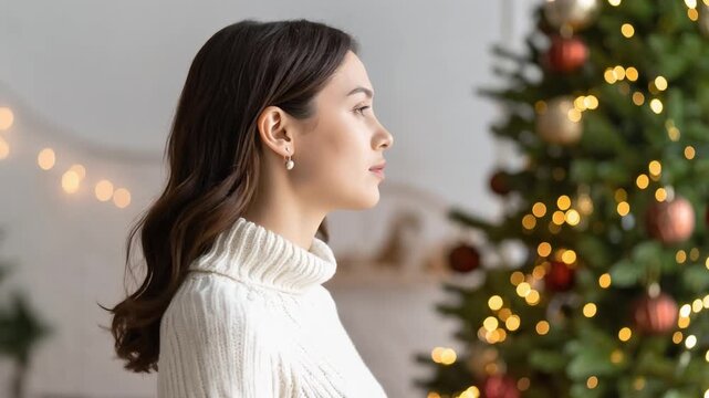 Woman standing near Christmas tree in cozy home preparing for holiday