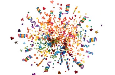 Obraz premium Colorful rainbow confetti explosion isolated on white background, scattered shapes mid-air with dynamic motion and wide copy space.