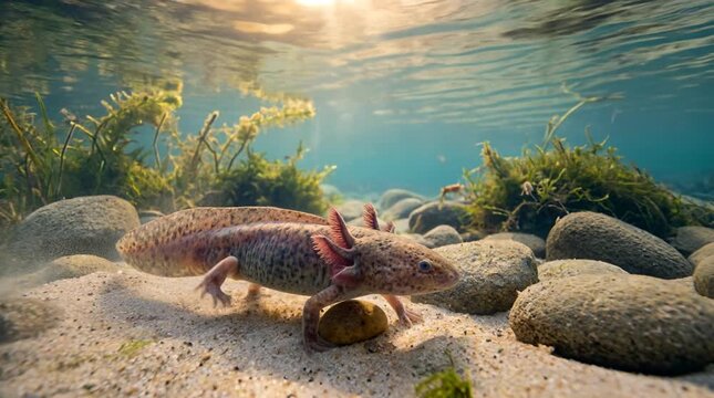 Axolotl resting underwater among rocks in clear natural aquarium habitat
