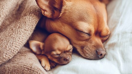 Mother dog sleeping peacefully beside her tiny puppy wrapped in cozy blanket. Heartwarming scene of canine motherhood, comfort and family connection