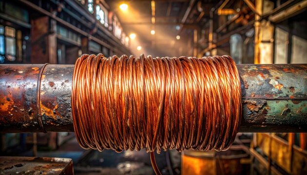 A detailed close-up shot of intricate, gleaming copper wiring coiled tightly around a sturdy, worn industrial pipe, set against the warm, blurred lights of a bustling factory floor.