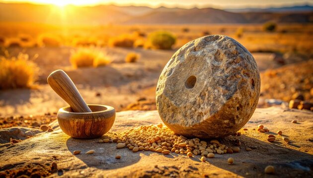 Ancient primitive grinding stone with a wooden mortar and pestle resting among scattered grains in a sunlit arid landscape at sunset.