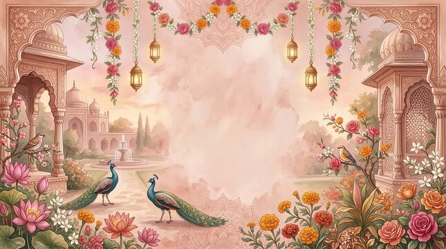 Romantic Indian Garden Wedding Background with Mughal Architecture