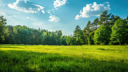 Obraz premium Panoramic view of lush green field and bright blue sky on a sunny day. Natural countryside landscape with fresh grass, trees and mountains in the background. Ideal for environmental, organic farming, 