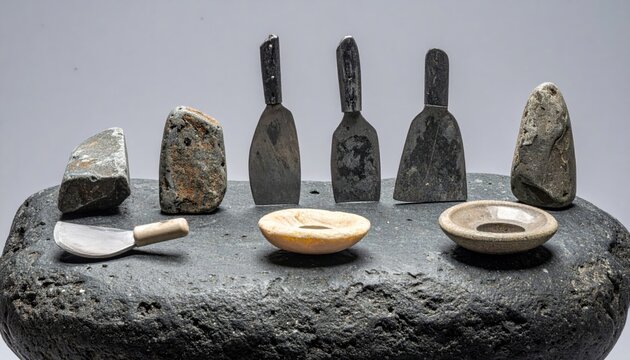 A collection of ancient primitive stone tools, including scrapers and choppers, alongside small dish-like artifacts, displayed on a textured dark rock surface.