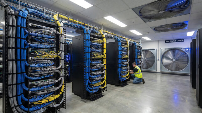 Technician managing organized cables and server racks in a modern data center environment