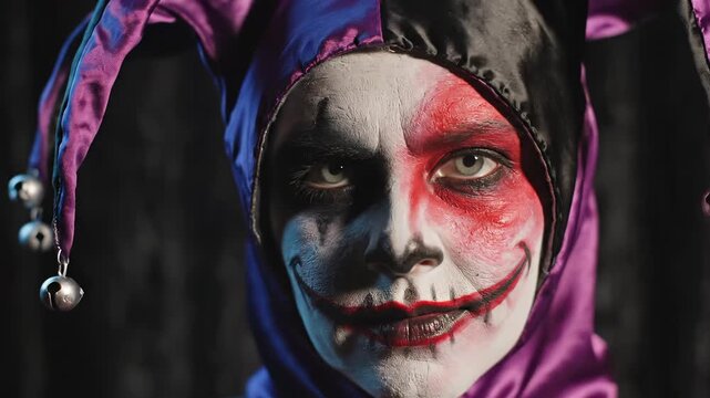 Scary jester with dramatic makeup and a colorful hood posing in a dark environment. Creepy clown character for horror or Halloween theme. Artistic portrait and theatrical costume concept footage.