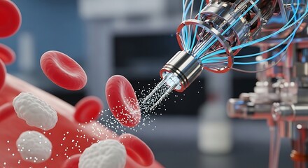Futuristic medical device interacting with blood cells, showcasing scientific innovation