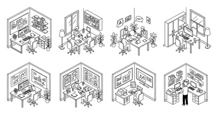 Obraz premium Set of 7 office isometric illustrations vector