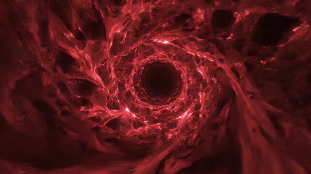 A swirling, reddish-black abstract tunnel appears to spiral inwards. Looks like a cosmic, organic entity