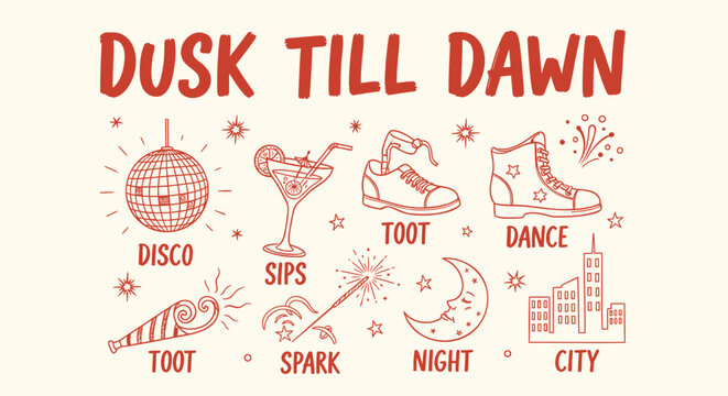 Set of 10 nightlife icons vector, Dusk Till Dawn theme