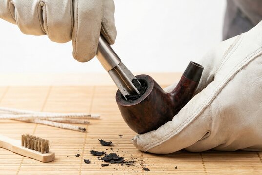 Gloved hands using a metal reamer tool to scrape carbon buildup from the bowl of a wooden tobacco pipe