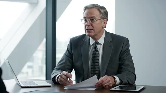 Mature businessman in suit reviewing documents at desk with laptop.