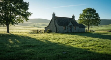 Obraz premium Stone cottage with chimney sits in a sunlit field, morning mist rolling over green hills