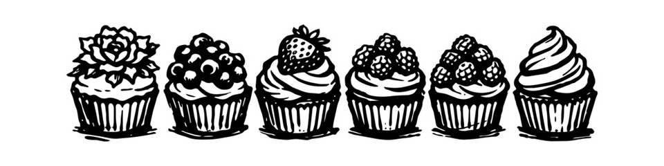 Set of six hand-drawn cupcake illustrations with various toppings like berries, a strawberry, and a succulent, in a rustic ink sketch style, isolated on a white background. © Nort Kor