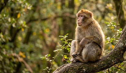 Fototapeta premium A mother long tailed macaque sitting with her baby in the green jungle forest of Asia looking thoughtful and caring for her child